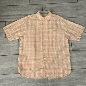 Tommy Bahama Orange Plaid Linen Blend Short Sleeve Button Up Size Medium